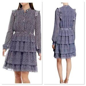 MICHAEL KORS Blue Liberty Floral Long Sleeve Ruffle Mini Dress Size LIKE NEW